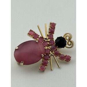 Vintage Pink Rhinestone Bug Insect Figural Gold Tone Brooch Pin